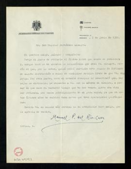 Carta de Manuel P. del Río-Cassa a Melchor Fernández Almagro con la que le envía el último libro ...