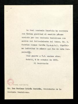Copia sin firma del oficio del secretario a Mariano Lebrón Saviñón, secretario de la Academia Dom...