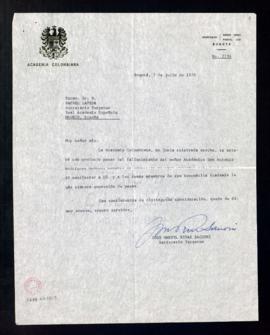 Oficio de José Manuel Rivas Sacconi, secretario de la Academia Colombiana, al secretario de la Re...