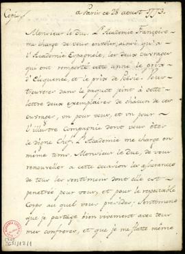 Copia de la carta de Jean le Ronde D'Alembert al duque de Alba con la que remite dos ejemplares d...