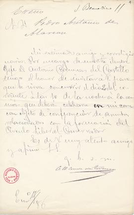 Carta del conde de Toreno [Francisco de Borja Queipo de Llano] a Pedro Antonio de Alarcón por la ...