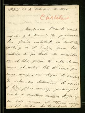 Carta de Emilio Castelar a Pedro Antonio de Alarcón en la que le pide su opinión sobre la obra qu...