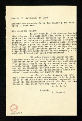 Copia de la carta de Práxedes Mateo-Sagasta a Fernando Pérez del Pulgar y Francisco J. Gozálvez e...