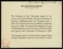 Tarje del presidente de la Universidad de Chicago con la noticia de la muerte de Karl Pietsch