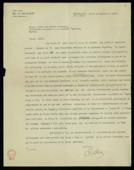 Carta de Rodolfo J. Slabý Emilio Cotarelo en la que le recuerda que espera un informe oficial sob...