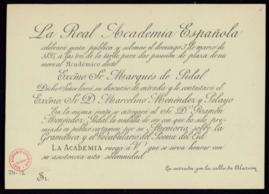 Invitación a la junta pública en la que tomará posesión el marqués de Pidal [Luis Pidal y Mon]