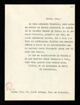 Copia sin firma del oficio del secretario a María Botana, viuda de Cotarelo, de traslado del pésa...
