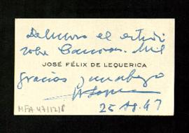Tarjeta de José Félix de Lequerica sobre el estudio sobre Cánovas