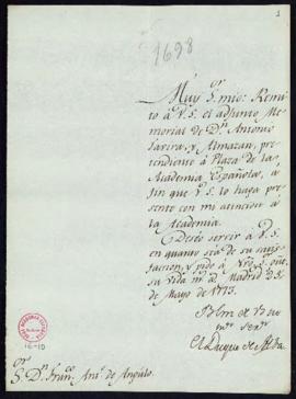 Carta del duque de Alba a Fran[cis]co Ant[oni]o de Angulo con la que remite un memorial de Antoni...