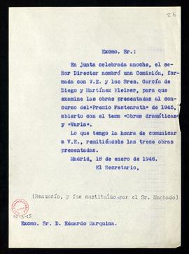 Copia sin firma del oficio del secretario, Julio Casares, a Eduardo Marquina de traslado de su de...