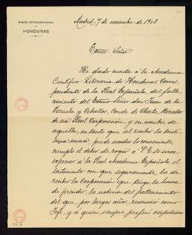 Carta de Antonio A[bad] Ramírez Fontecha, presidente de la Academia Científico Literaria de Hondu...