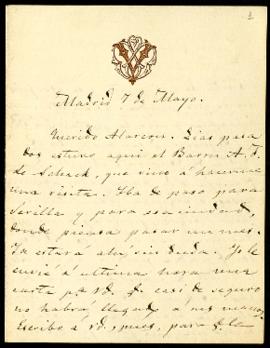 Carta de Juan Valera a Pedro Antonio de Alarcón en la que le informa de la visita y traducción de...
