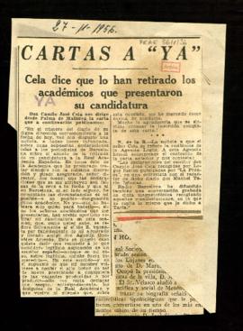 Recorte de prensa con la reproducción de la carta enviada por Camilo José Cela al periódico Ya de...