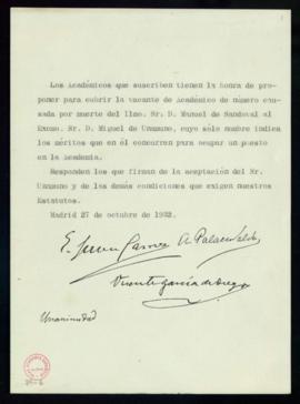 Propuesta de Miguel de Unamuno como académico de número en la plaza vacante por fallecimiento de ...