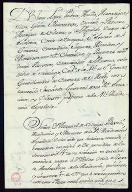 Orden del marqués de Villena de libramiento a favor de Blas Ortiz de Zárate, amanuense de la Acad...