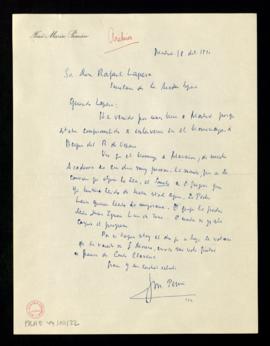 Carta de José María Pemán a [Rafael] Lapesa en la que le dice que se encuentra en Madrid para int...