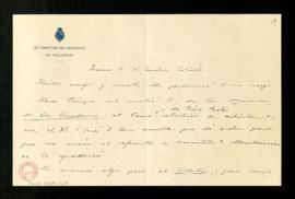 Carta de Narciso Alonso Cortés a Emilio Cotarelo para solicitarle que le envíen el tomo referente...