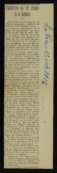 Recorte del diario La Voz de 13 de octubre de 1926, con la crónica del entierro de Eugenio Sellés