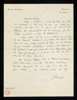 Carta de Germán Bleiberg a Melchor Fernández Almagro en la que le dice que el 8 o el 9 ingresó el...