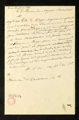 Minuta de la carta [de Manuel Bretón de los Herreros] a Bernardo Noguet en la que le anuncia que ...