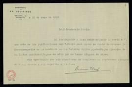 Carta de Bruno Ibeas a Prudencio Rovira con la que le remite una nota de las publicaciones del pa...