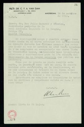 Carta de C. F. Adolf van Dam a Julio Casares con la que le remite una nueva lista con las notas q...