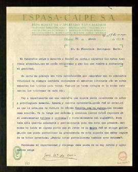 Carta de José María de Cossío a Francisco Rodríguez Marín en la que le agradece las notas taurina...