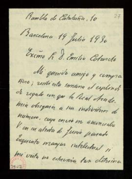Carta de Antonio Rubió y Lluch a Emilio Cotarelo en la que acusa recibo de los dos cajones con la...