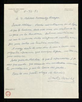Carta de Carlos Arniches a Melchor Fernández Almagro en la que le dice que se enteró en el Gijón ...