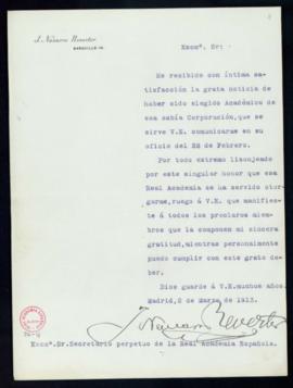 Carta de J[uan] Navarro Reverter al secretario [Mariano Catalina] de agradecimiento a la Academia...