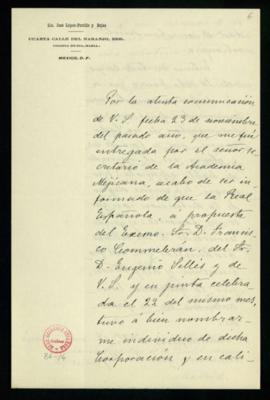 Carta de José López-Portillo y Rojas a Mariano Catalina, secretario de la Real Academia Española,...