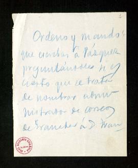 Nota de Manuel Tamayo y Baus a Pedro Antonio de Alarcón en la que le ordena que escriba a Vázquez...