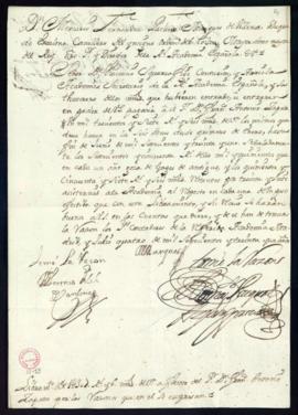 Orden del marqués de Villena de libramiento a favor de Francisco Antonio Zapata de 1037 reales y ...