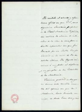 Carta de Agustín de la Paz Bueso a Manuel Tamayo y Baus, secretario, en la que acusa recibo de su...