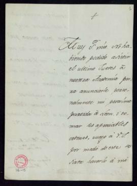 Carta de Gaspar Melchor de Jovellanos a Manuel de Lardizábal [y Uribe] en la que le anuncia su pa...