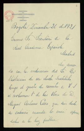 Carta de Antonio Gómez Restrepo a Emilio Cotarelo con la que remite, por indicación del bibliotec...