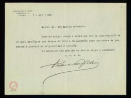 Carta de Pedro de Novo y Colson al secretario, Emilio Cotarelo, en la que le ruega que lea la int...