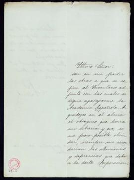 Carta de E[duardo] Benot al secretario [Manuel Tamayo y Baus] por la que acusa recibo de las obra...