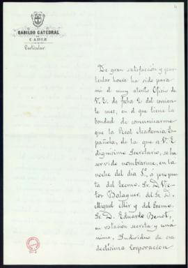 Carta de José María León y Domínguez a Mariano Catalina en la que acusa recibo de su nombramiento...