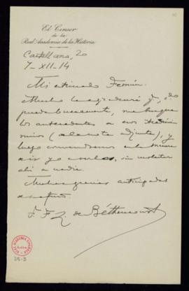 Carta de F[rancisco] F[ernánde]z de Béthencourt a Fermín [Míguez], oficial mayor de la Academia, ...