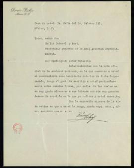Carta de Darío Rubio, secretario pro tempore de la Academia Mexicana, a Emilio Cotarelo, secretar...