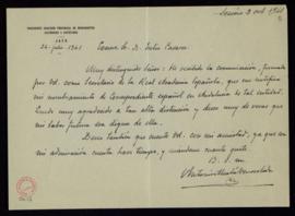 Carta de Antonio Alcalá Venceslada a Julio Casares en la que acusa recibo de la comunicación de s...
