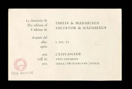 Tarjeta con la dirección postal de Salvador y Emilia de Madariaga en Suiza