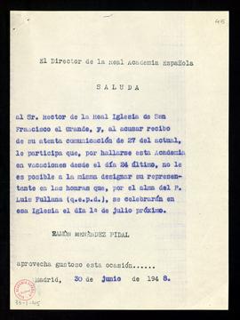 Copia sin firma del saluda de Ramón Menéndez Pidal al rector de la iglesia catedral de San Franci...