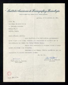 Carta de Alberto F. J. Otamendi, director del Instituto Americano de Lexicografía y Lexicología d...
