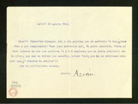 Carta de Azorín a Melchor Fernández Almagro en la que le agradece su artículo de hoy por su inter...