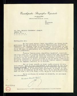 Carta de J. M. Massó, director de la Enciclopedia Bibliográfica Española, a Melchor Fernández Alm...