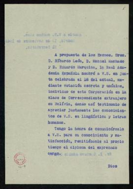 Copia sin firma del oficio del secretario a Gustavo Adolfo Otero de traslado de su nombramiento c...