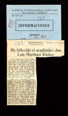 Recorte del diario Informaciones con la noticia del fallecimiento de Luis Martínez-Kleiser