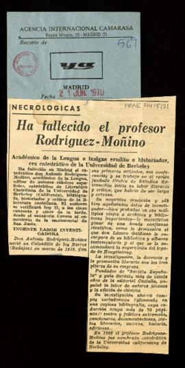 Recorte del diario Ya con la noticia titulada Ha fallecido el profesor Rodríguez-Moñino